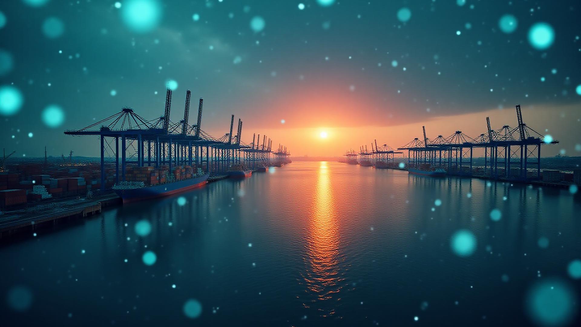 A high-tech digital interface overlaying a busy maritime port at dusk